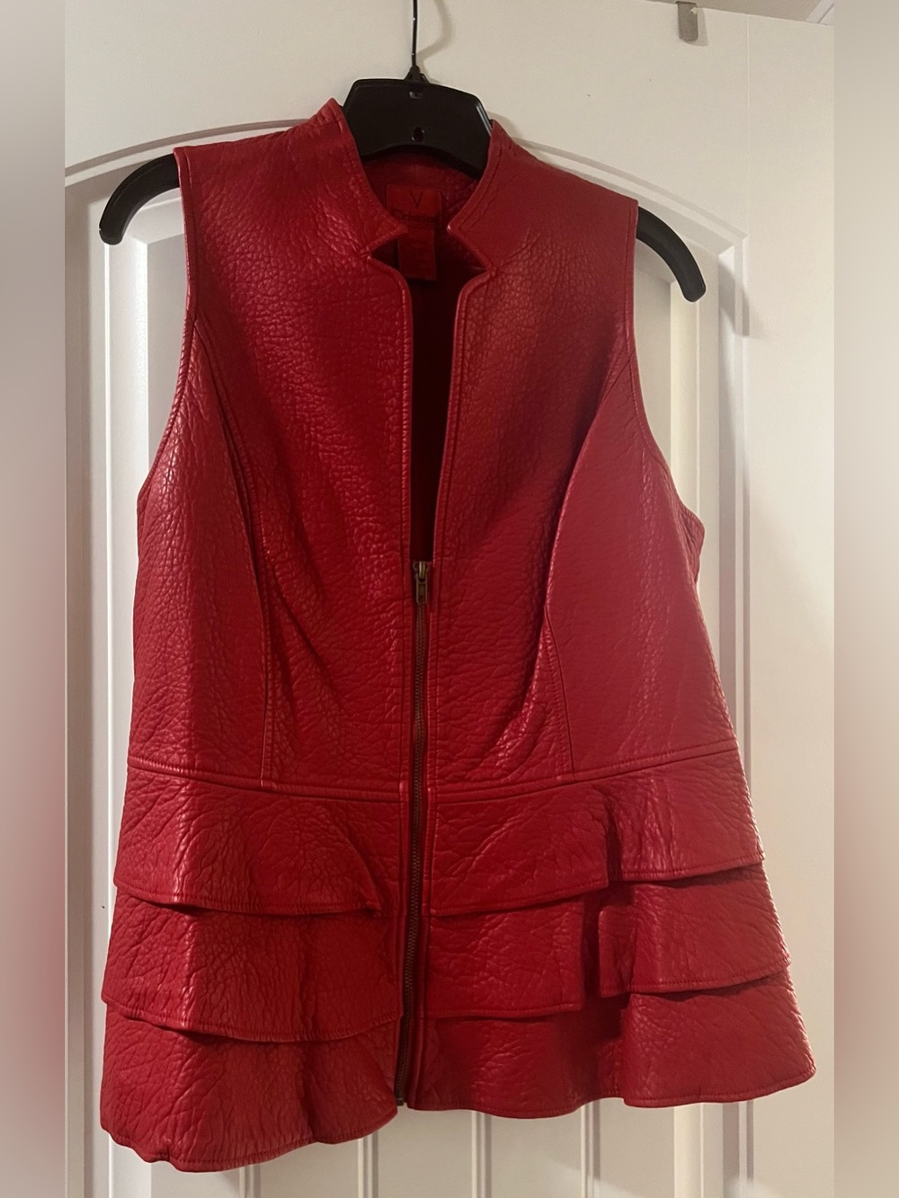 Red Leather Sleeveless Zip-Front Peplum Jacket